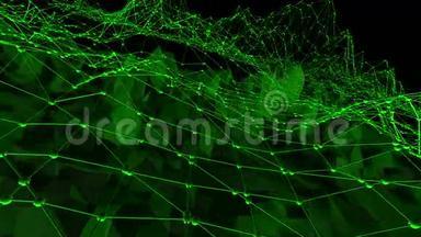 深绿色低聚波面作为数学可视化。 深绿色多边形几何振动环境